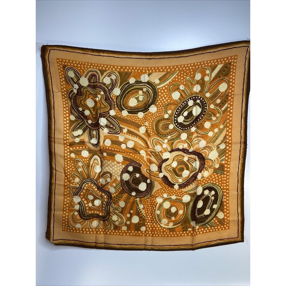 VINTAGE Mod Scarf Geometric Print  Orange Brown Olive Hand Stitched 27 in Square